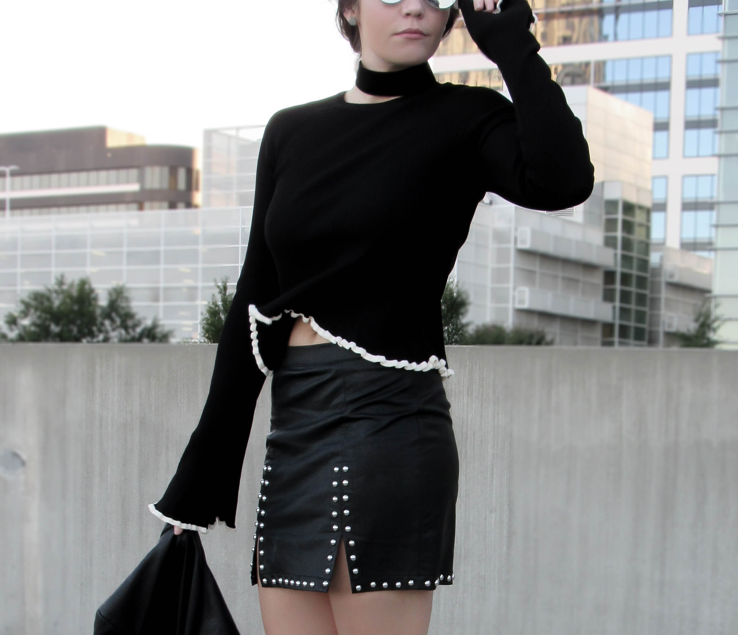 zara_trumpet_sleeve_sweater_outfit_forever21_studded_mini_skirt_black_pinterest